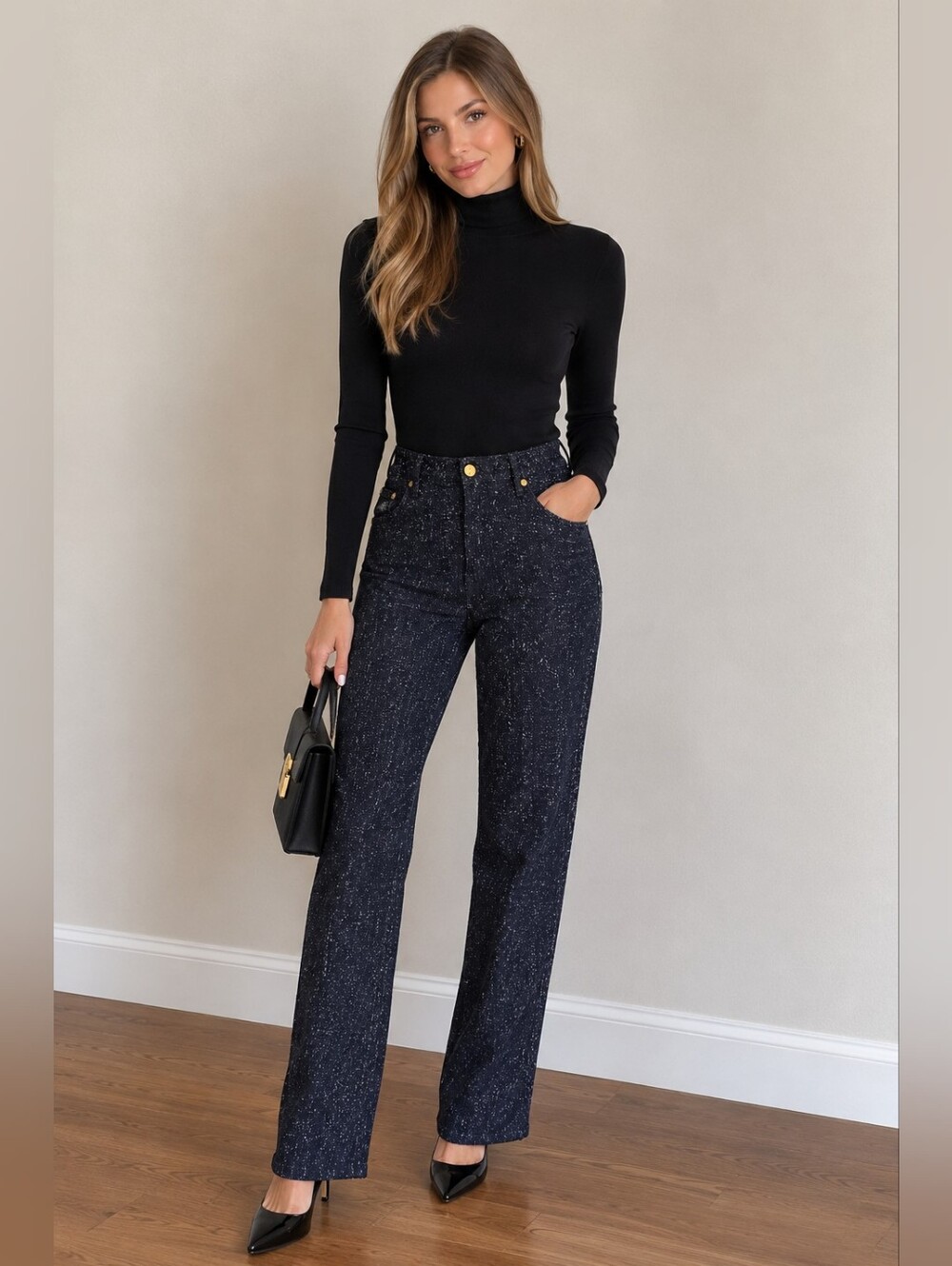 BCBG Navy Speckled High-Rise Wide-Leg Jeans
